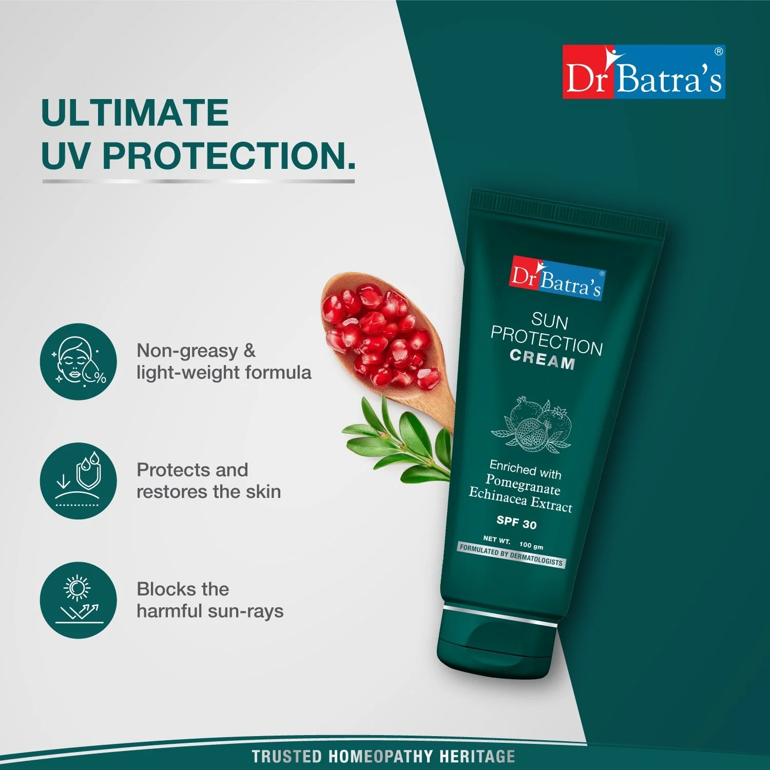 Dr Batra's® Sun Protection Cream SPF 30 – Broad Spectrum Sunscreen with Echinacea & Pomegranate | Blocks Harmful UV Rays, Prevents Sunburn & Darkening | Brightens & Protects Skin | For Men & Women - Image 3